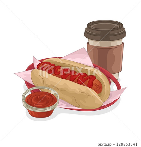 Illustration of Hotdog with Coffee Cup 129853341
