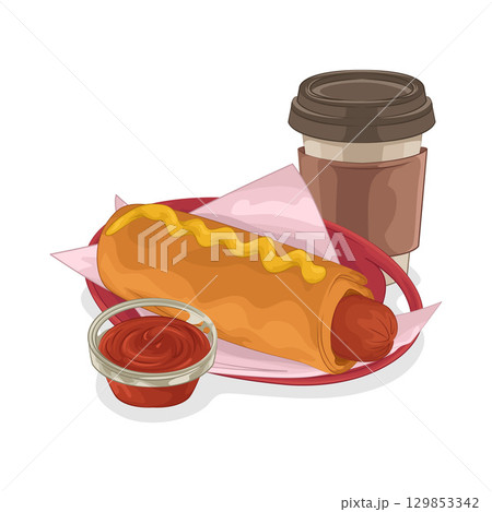 Illustration of Hotdog with Coffee Cup 129853342