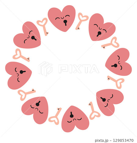 Valentines day heart circle frame. Round love themed border made of hearts. Pink and red colors happy valentine day hand drawn banner vector isolated on white background. Valentines day heart circle frame. Round love themed border made of hearts. Pink and red colors happy valentine day hand drawn banner vector isolated on white background. 129853470