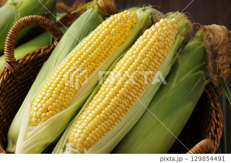収穫した新鮮なとうもろこし 収穫した新鮮なとうもろこし 129854491