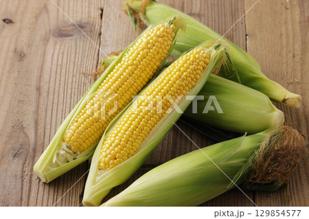 収穫した新鮮なとうもろこし 収穫した新鮮なとうもろこし 129854577