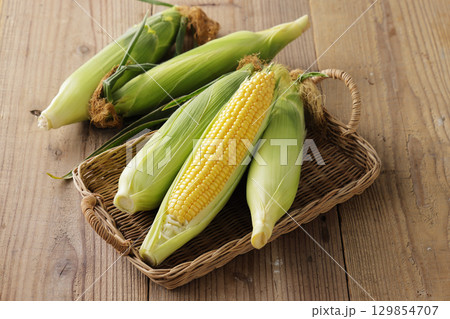 収穫した新鮮なとうもろこし 収穫した新鮮なとうもろこし 129854707