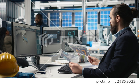 Male industrial expert monitoring high tech production line with modern equipment and performance metrics, clean energy manufacturing operations. Young business analyst engineer. Camera A. 129855023