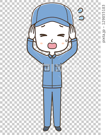 Full-body illustration of a panicked young male worker 129855183