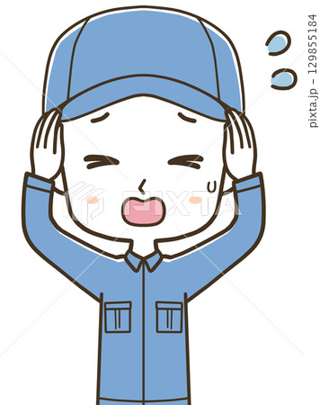 慌てる若い男性作業員の上半身イラスト 慌てる若い男性作業員の上半身イラスト 129855184