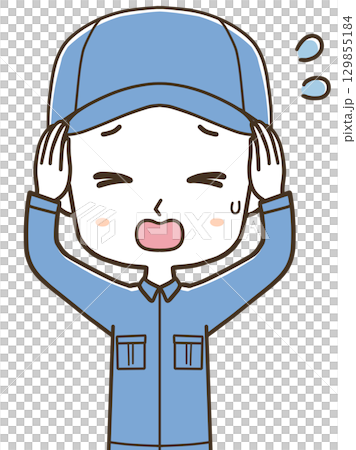 慌てる若い男性作業員の上半身イラスト 慌てる若い男性作業員の上半身イラスト 129855184