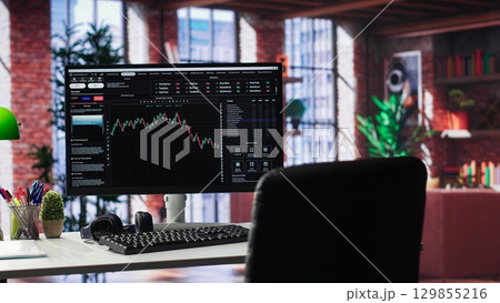 Modern desktop pc ideal for financial growth tracking and forex trades, home office with computer showcasing a candle stick chart analysis using online technology. Day trading. Camera A. Modern desktop pc ideal for financial growth tracking and forex trades, home office with computer showcasing a candle stick chart analysis using online technology. Day trading. Camera A. 129855216