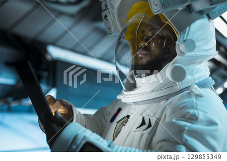 Close up of astronaut scientist operating spacecraft control interface using tablet. Researcher wearing cosmonaut gear in spaceship doing research, monitoring system diagnostics 129855349