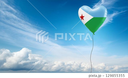 ジブチの国旗のハート型の風船と青空 129855355