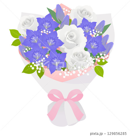 リンドウと白薔薇の花束_ベクターイラスト リンドウと白薔薇の花束_ベクターイラスト 129856285