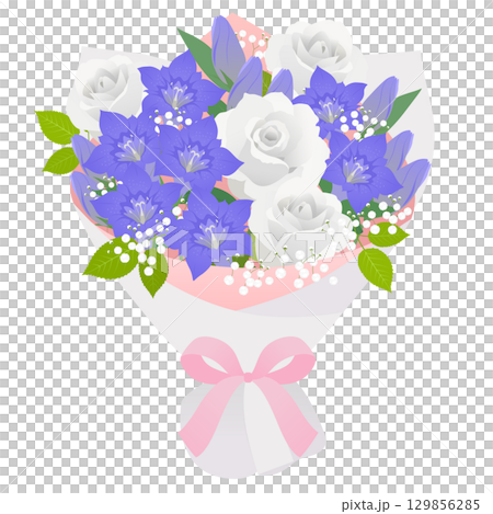 リンドウと白薔薇の花束_ベクターイラスト リンドウと白薔薇の花束_ベクターイラスト 129856285