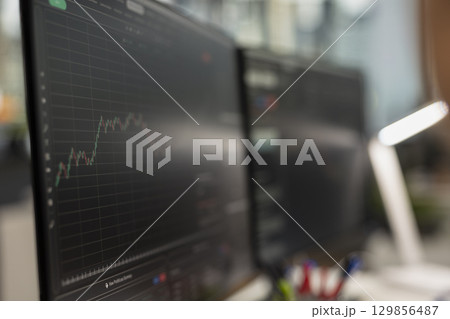 Close up of computer monitor displaying candlestick chart with stock market trends and price movements. Trading interface on PC screen showing financial data analysis of stock exchange performance 129856487