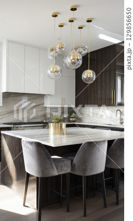 Bright and airy modern kitchen showcasing clean lines of white cabinets and rich contrast of dark wood cupboards, radiating sense of calm sophistication 129856650