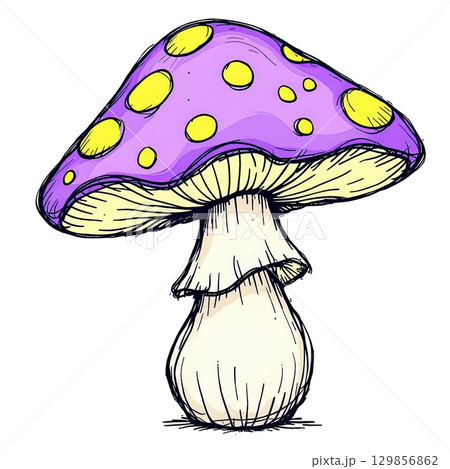 Playful hand drawn illustration single purple mushroom striking yellow spots. Artistic sketch shows textured stem frilly layers creating magical fantasy fungi design vibrant colors 129856862