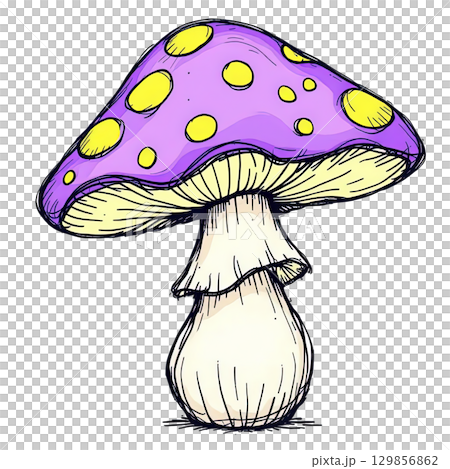 Playful hand drawn illustration single purple mushroom striking yellow spots. Artistic sketch shows textured stem frilly layers creating magical fantasy fungi design vibrant colors 129856862