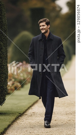 Adult man walking through garden path, smiling, wearing long coat. Elegant male figure looking happy while strolling outdoors in autumn park setting, enjoying confident walk 129856874