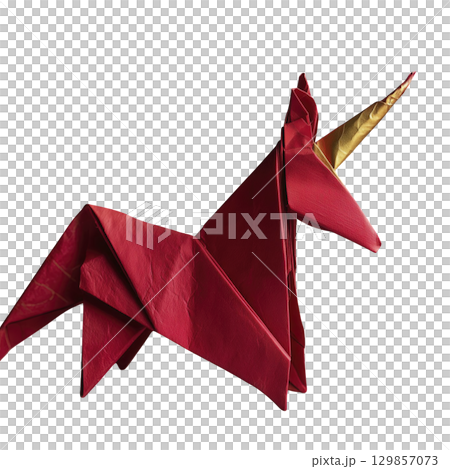Red and gold origami unicorn sculpture with shiny, textured surface and majestic horn, set against transparency background, exuding sense of fantasy and creativity Red and gold origami unicorn sculpture with shiny, textured surface and majestic horn, set against transparency background, exuding sense of fantasy and creativity 129857073