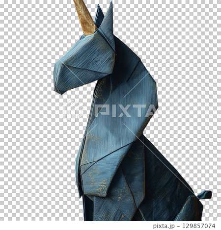 Modern, artistic sculpture of unicorn with metallic blue finish and gold accents, showcasing sleek, geometric design that emphasizes creativity and fantasy 129857074