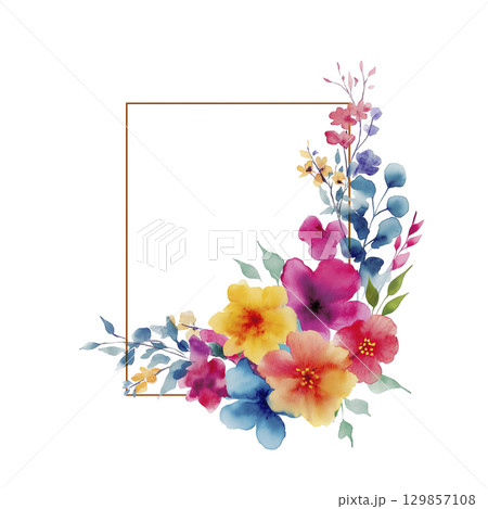 Vibrant watercolor floral corner frame graphic featuring colorful hand painted flowers and leaves, creating an elegant artistic design element for joyful celebration decoration 129857108