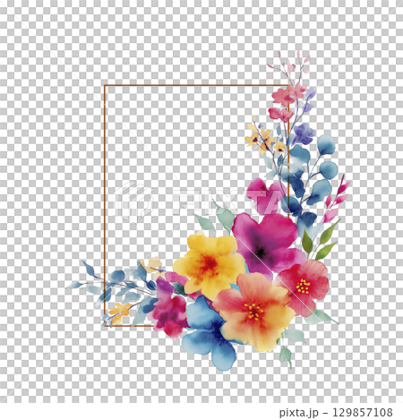 Vibrant watercolor floral corner frame graphic featuring colorful hand painted flowers and leaves, creating an elegant artistic design element for joyful celebration decoration 129857108