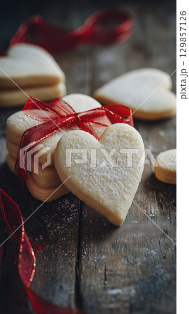 Heart shaped sugar cookie tied with red ribbon stack on rustic wooden surface sweet delicious love romance celebration perfect holiday gift special occasion 129857126