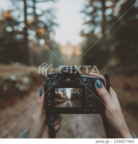 Person hands holding digital camera taking photo of road through peaceful forest. camera screen shows captured scene. Capturing view of nature brings sense of joy and happy feeling 129857402