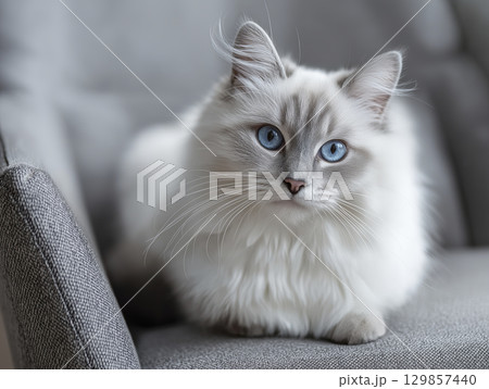 Beautiful white long haired cat sits peacefully indoors grey chair. Its calm blue eyes show relaxed and serene expression. fluffy furry feline companion looks adorable and content soft light 129857440