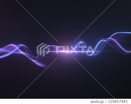 Abstract neon light wave creates vibrant background with fluid energy. Blue and purple lines show smooth motion and tranquil glow, evoking feeling of calm and futuristic elegance 129857465