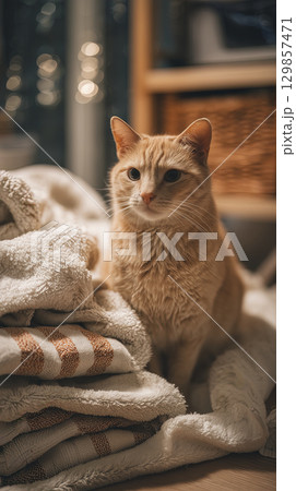 Orange ginger tabby cat, furry domestic feline pet, sits calmly indoors on cozy textile pile with serene and peaceful expression 129857471