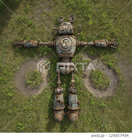 Abandoned old rusty robot lies on green grass in relaxed pose seen from top view conveying sense of solitude and melancholic reflection in nature 129857484