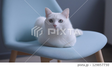 White cat sitting on blue chair wood leg indoors. Adorable domestic feline with light fur appears calm and relaxed, looking directly at camera with bright eyes in simple indoor setting 129857730
