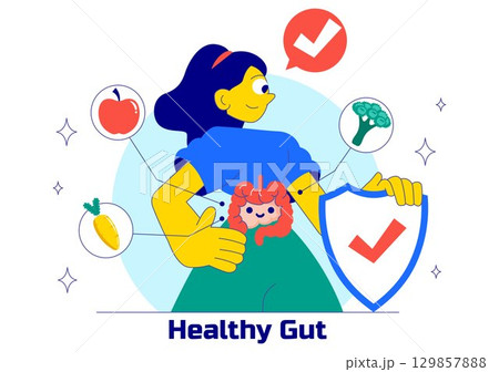 Healthy Gut Illustration featuring Human Digestive System Anatomy with Gut Microflora, Inflamed Intestinal Cells, Bacteria, and Probiotics Background Healthy Gut Illustration featuring Human Digestive System Anatomy with Gut Microflora, Inflamed Intestinal Cells, Bacteria, and Probiotics Background 129857888