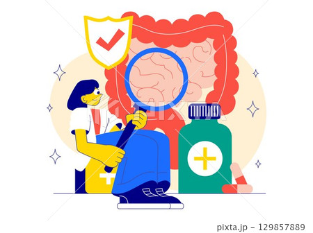 Healthy Gut Illustration featuring Human Digestive System Anatomy with Gut Microflora, Inflamed Intestinal Cells, Bacteria, and Probiotics Background 129857889