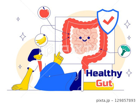 Healthy Gut Illustration featuring Human Digestive System Anatomy with Gut Microflora, Inflamed Intestinal Cells, Bacteria, and Probiotics Background Healthy Gut Illustration featuring Human Digestive System Anatomy with Gut Microflora, Inflamed Intestinal Cells, Bacteria, and Probiotics Background 129857893