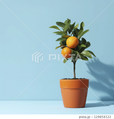 Small potted plant with an orange tree shows its vibrant fruit, evokes feeling of growth and freshness against calm backdrop Small potted plant with an orange tree shows its vibrant fruit, evokes feeling of growth and freshness against calm backdrop 129858122