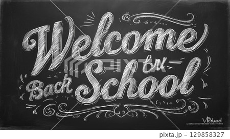 Chalkboard welcomes students back with elegant lettering, evoking feeling of excitement and anticipation for new academic year 129858327