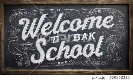 Chalkboard art happily welcomes students back to school with warm, inviting message written in stylized font, setting an enthusiastic tone 129858330