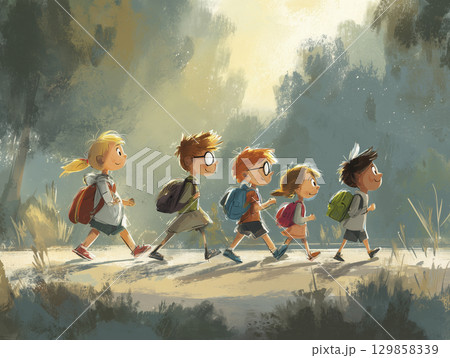 Cheerful kids with backpacks are happily walking to school in morning, feeling excited and ready for new day 129858339