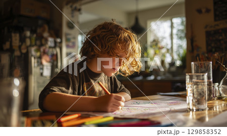 Child drawing at kitchen table with crayons, engrossed in art, creativity fills air, reflecting pure joy and playful imagination 129858352