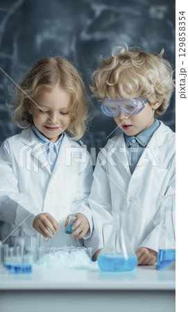 Two little scientists in lab coats are amazed...のイラスト素材 [129858354] - PIXTA