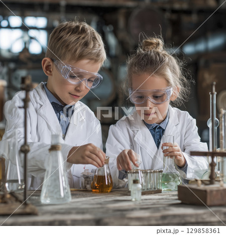 Children doing science experiment looking focused, completely absorbed in lab. Little scientist enjoying laboratory activity 129858361