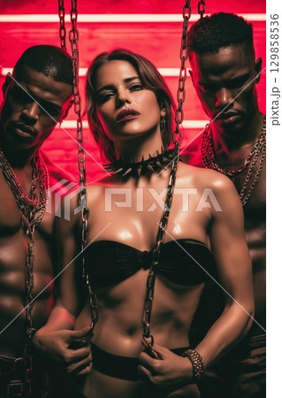 Sexy mistress woman with two submissive men in chains. BDSM sex with submission and domination Sexy mistress woman with two submissive men in chains. BDSM sex with submission and domination 129858536