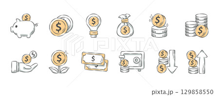 Financial and business . Hand drawn icon cartoon illustration collection . Set 1 of 3 . Vector . Financial and business . Hand drawn icon cartoon illustration collection . Set 1 of 3 . Vector . 129858550
