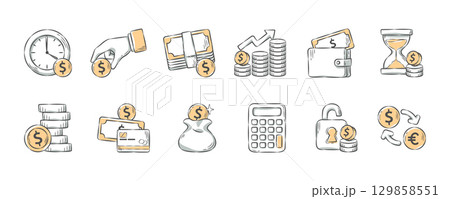 Financial and business . Hand drawn icon cartoon illustration collection . Set 2 of 3 . Vector . Financial and business . Hand drawn icon cartoon illustration collection . Set 2 of 3 . Vector . 129858551