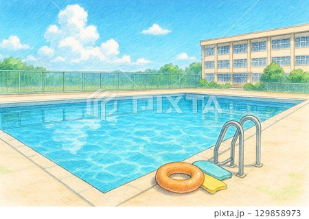 夏の青空と学校プール（カラー鉛筆スケッチ風） 129858973