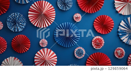 4th July Decor Red with White, and Blue Paper Fans. 4th July Decor Red with White, and Blue Paper Fans. 129859064