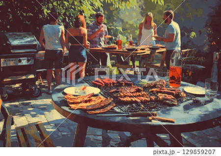 Backyard BBQ Party Friends with Food, and Summer Fun. 129859207