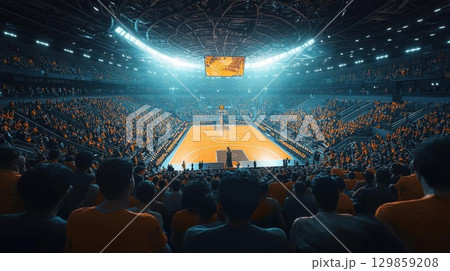 Basketball Arena Crowd with Game Night, and Spectators. Basketball Arena Crowd with Game Night, and Spectators. 129859208