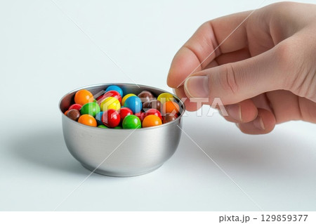 Colorful Candy with Hand, Bowl, and Sweet Treats. 129859377