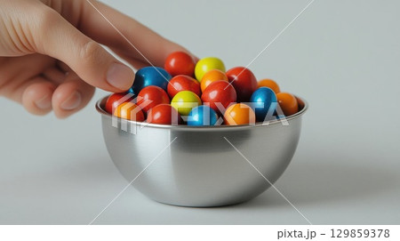 Colorful Candy with Hand Picking Sweets, Bowl, and Food. 129859378